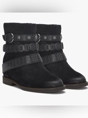 LUCKY BRAND Suede Ankle Boots W/Embellished Straps And Lightly Distressed Toes.
